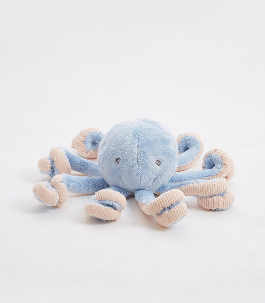 Soft light blue plush octopus toy with beige tentacles and friendly face for babies and kids