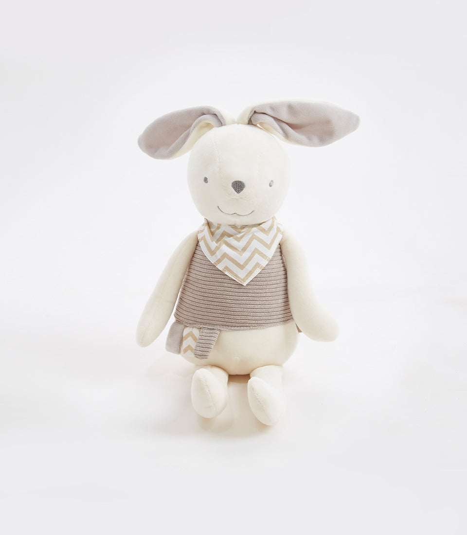 Soft gray plush bunny with chevron bib, ideal for babies and children