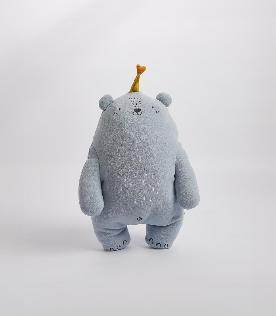 Light blue plush bear with party hat, soft toy for kids and celebrations