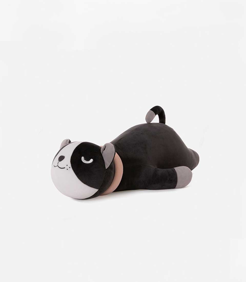 Soft black and white cat plush toy with grey accents and embroidered smile, ideal for kids' gifting