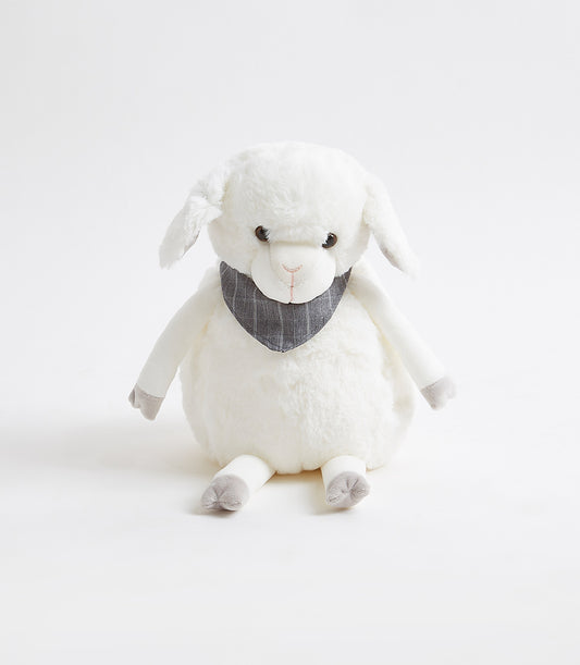 Fluffy white plush sheep toy with grey striped bandana and soft texture for babies and kids
