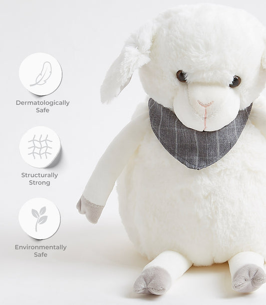 Soft white plush lamb toy with floppy ears, pink nose, and grey pinstriped bandana for babies and kids