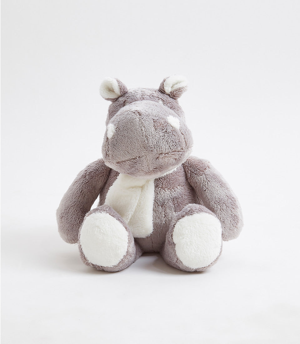 Gray plush hippo toy with white scarf for babies and kids