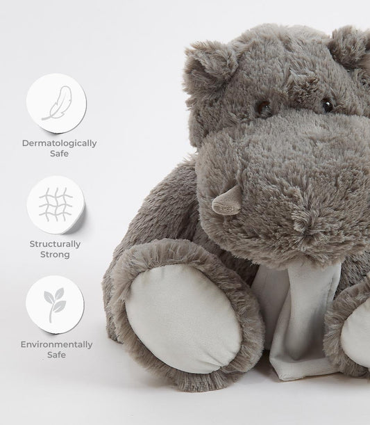 Soft grey plush hippo with dermatologically safe materials for kids and babies