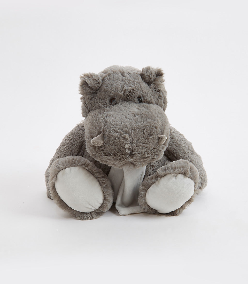 Cuddly grey plush hippo soft toy with light grey feet and tusks, perfect for kids and babies
