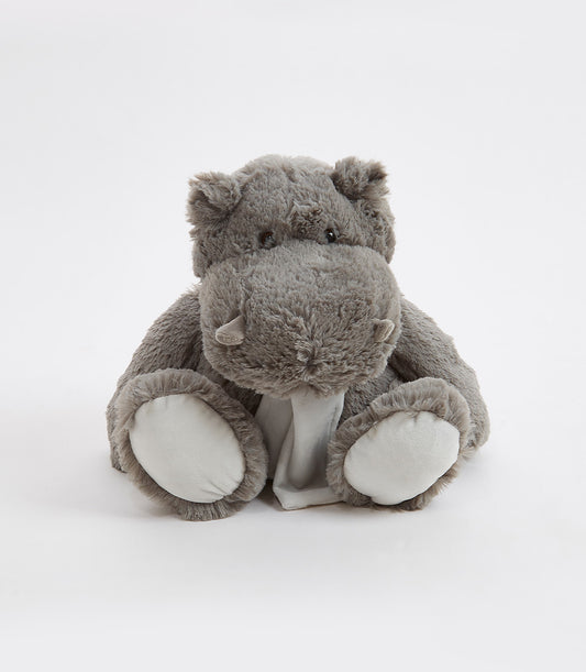 Cuddly grey plush hippo soft toy with light grey feet and tusks, perfect for kids and babies
