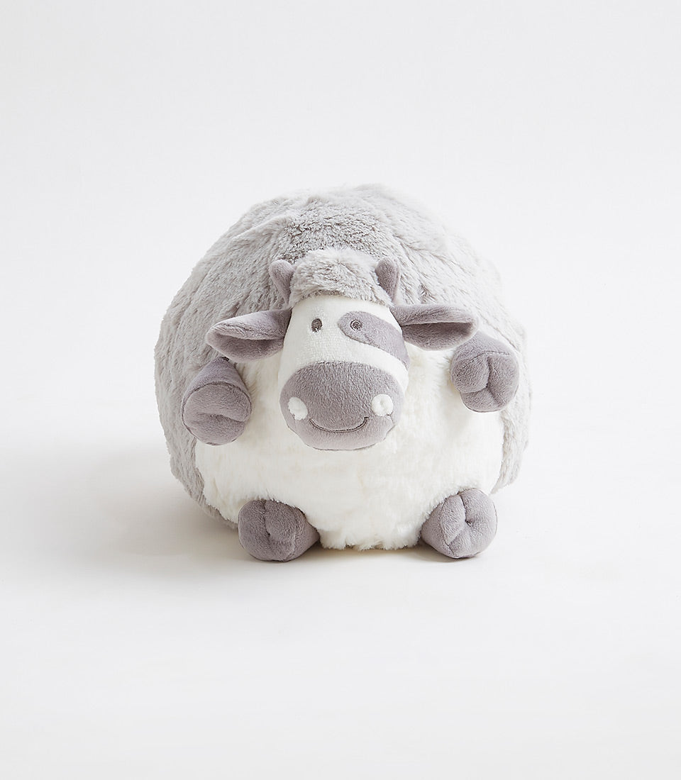 Chubby grey and white plush cow toy with soft faux fur and embroidered smile, perfect for babies and kids