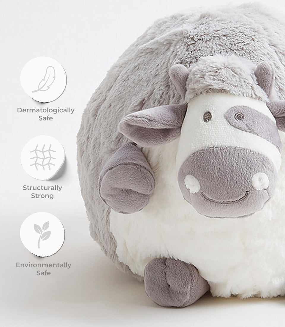 Soft chubby cow plush toy in white and grey, dermatologically safe and structurally strong for babies and kids