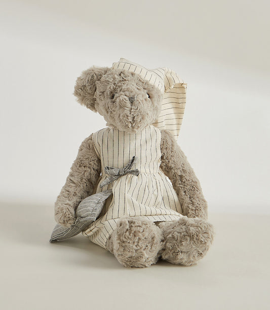 Soft grey plush bear in cream striped nightgown and sleep cap with tiny pillow, perfect gift for babies and children