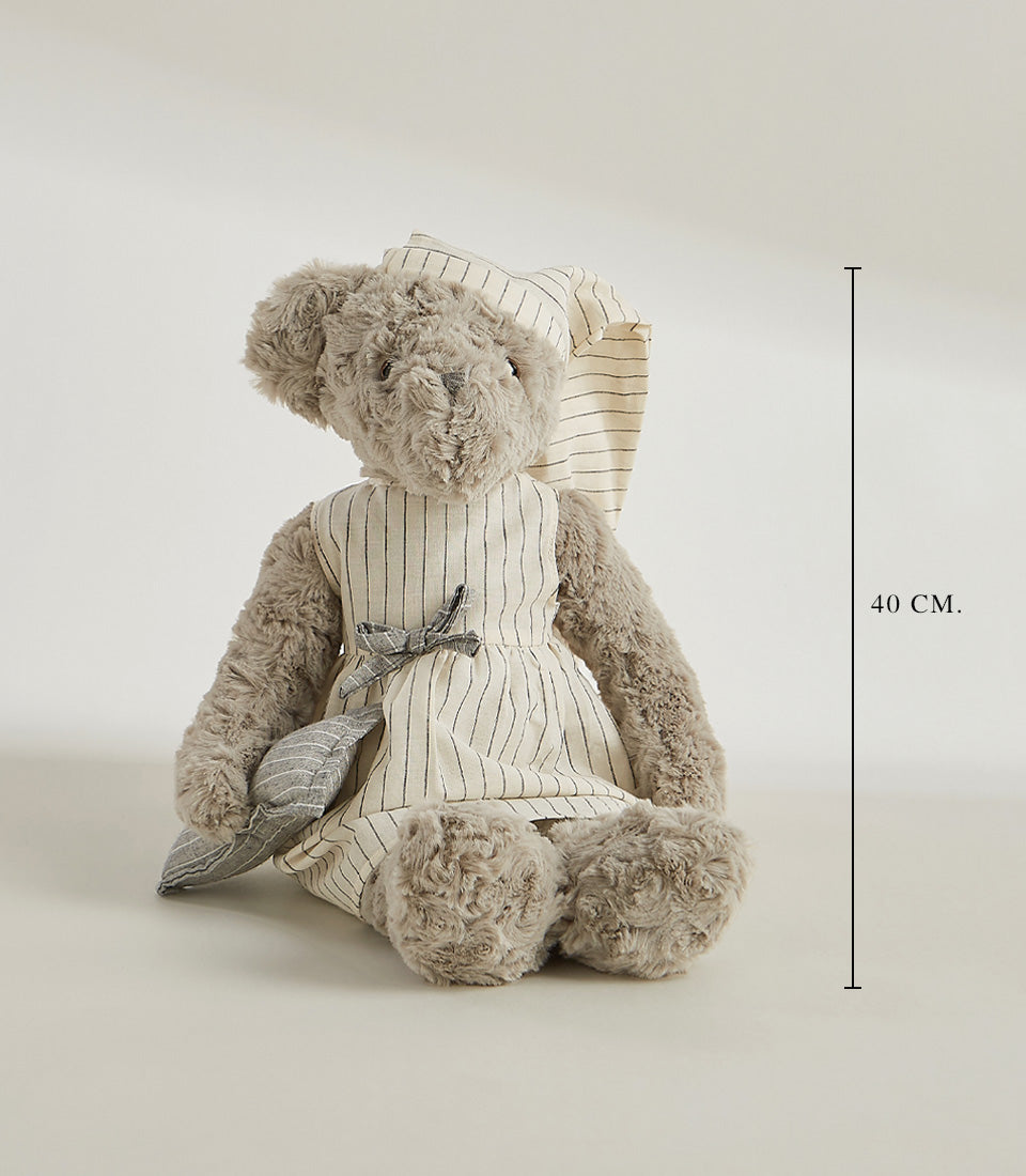 Grey plush bear in cream striped nightgown with matching bonnet and pillow, 40cm soft toy for kids