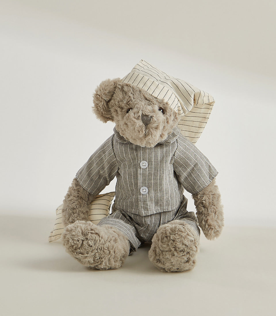 Soft grey striped pajama teddy bear plush toy for kids and babies