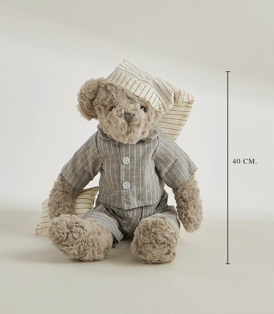 Soft plush teddy bear in grey striped pajamas and sleep cap, perfect for kids and babies