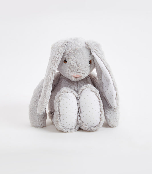 Soft grey plush bunny with floppy ears and polka dot details for babies and kids