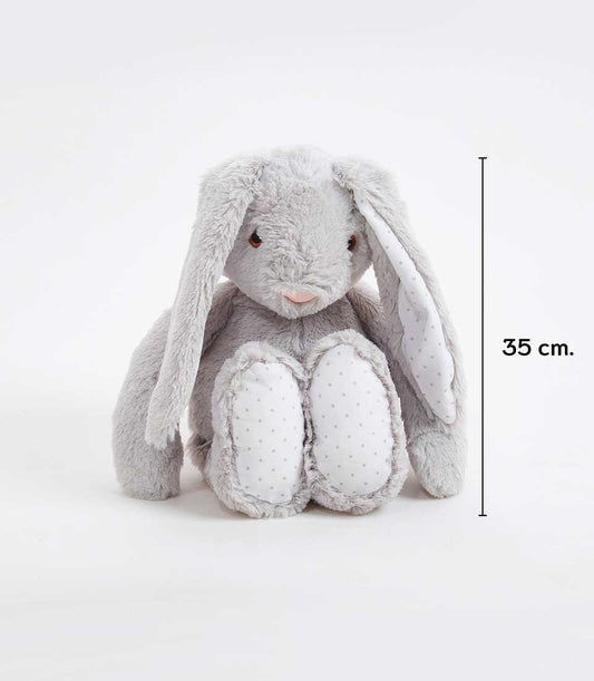 Soft gray plush bunny with floppy ears and polka dot accents, 35 cm newborn gift hamper toy