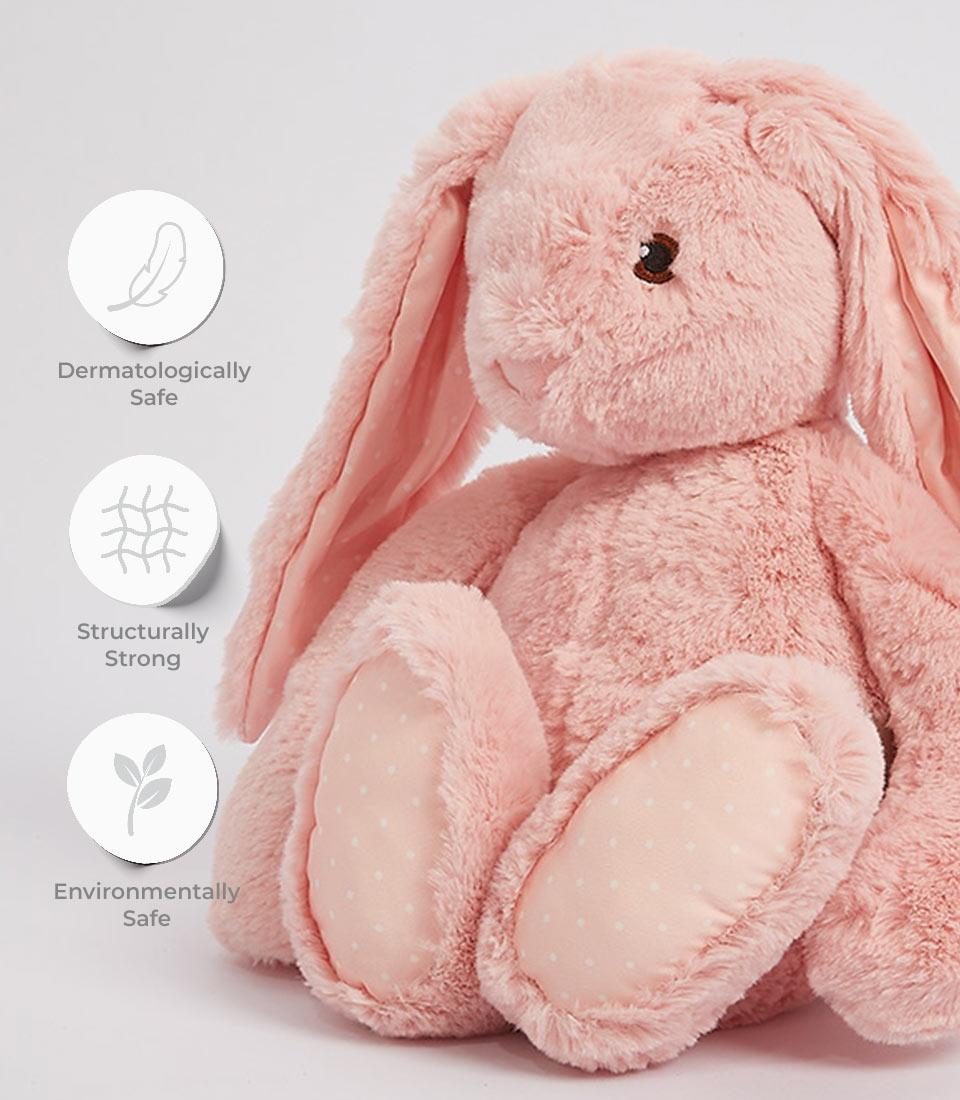 Soft pink plush bunny with floppy polka-dotted ears, dermatologically safe for babies and kids