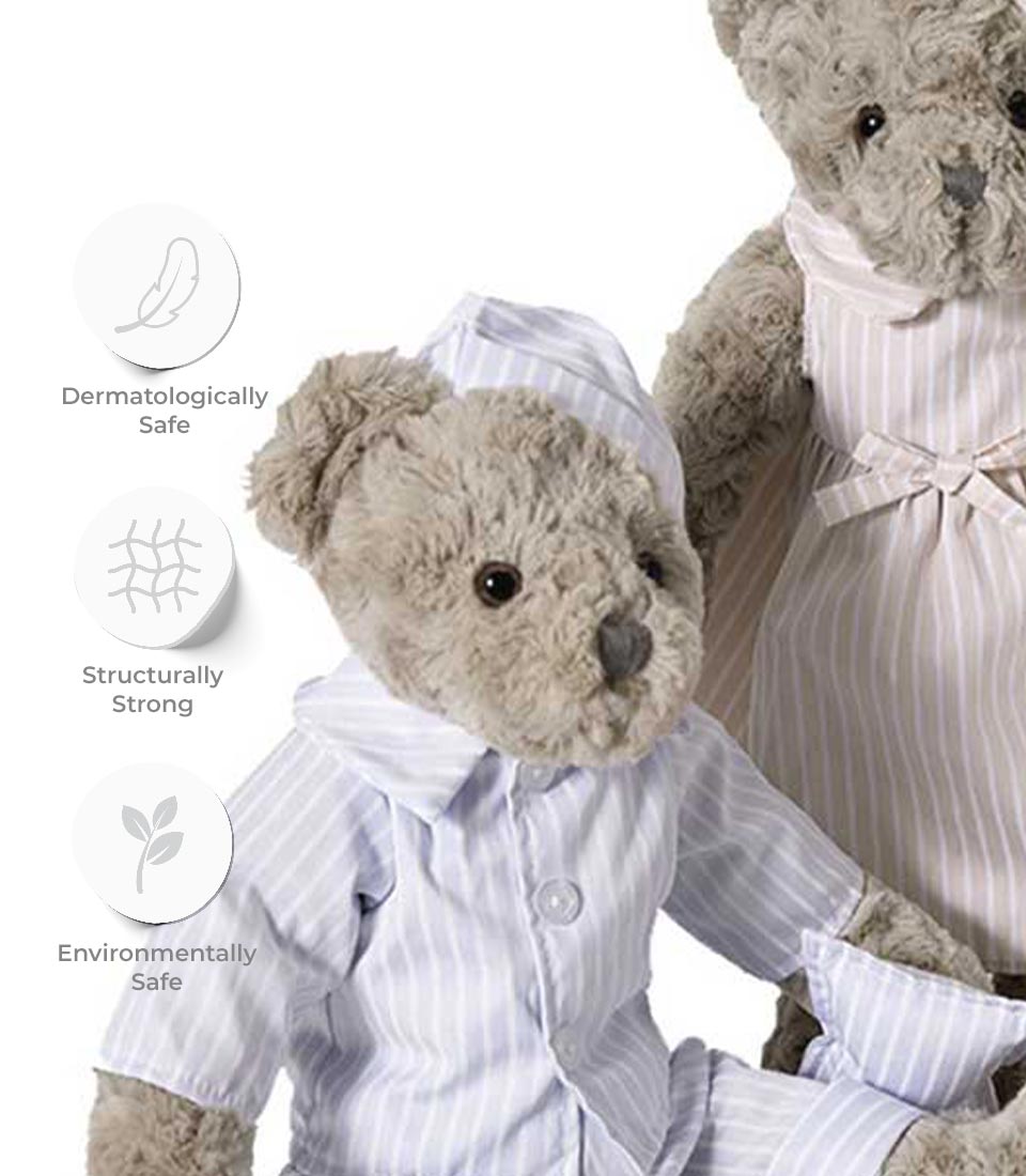 Soft plush teddy bears in striped pajamas and dress, dermatologically safe cuddly toys for kids