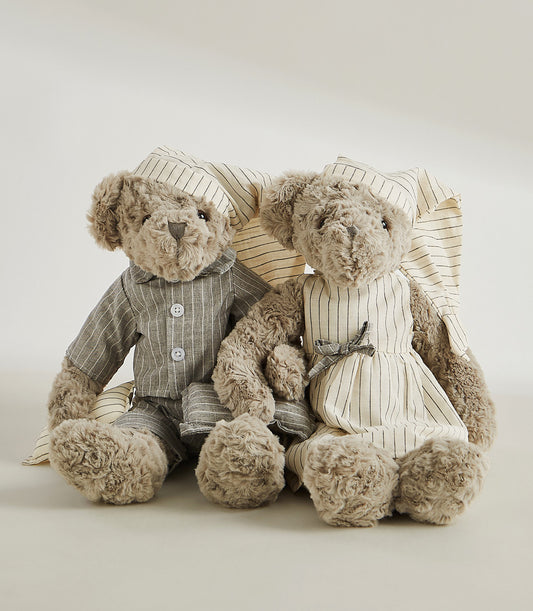 Bedtime Bears Couple soft plush toys in grey and cream striped pajamas and dress