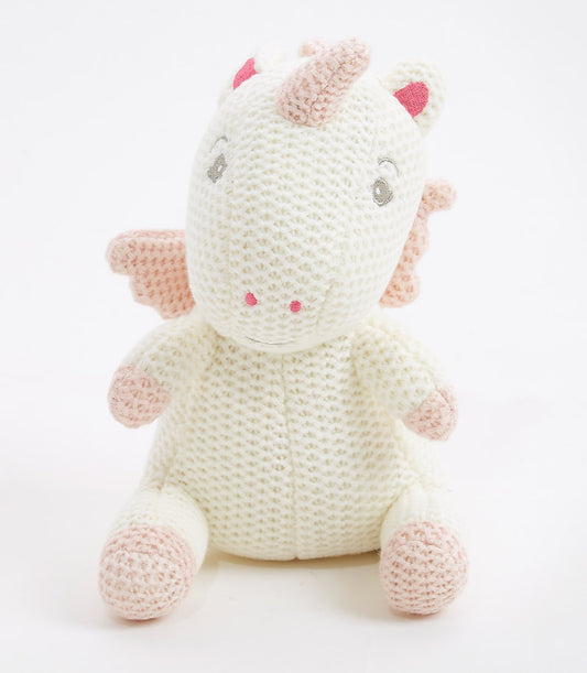 Handcrafted white crocheted unicorn plush toy with pink horn and wings, soft gift for babies and kids