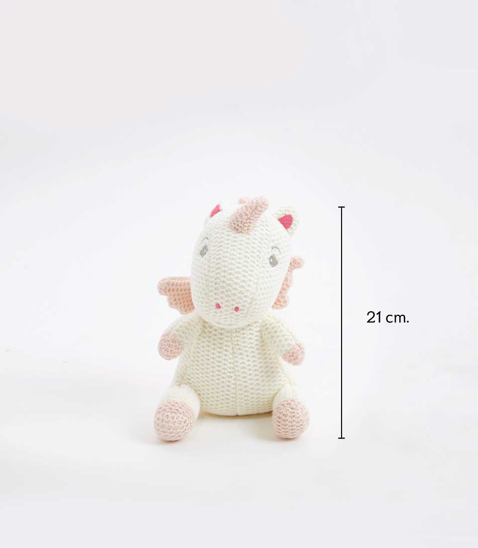 Cream knitted unicorn plush with pink horn and wings, 21 cm tall, new baby girl gift
