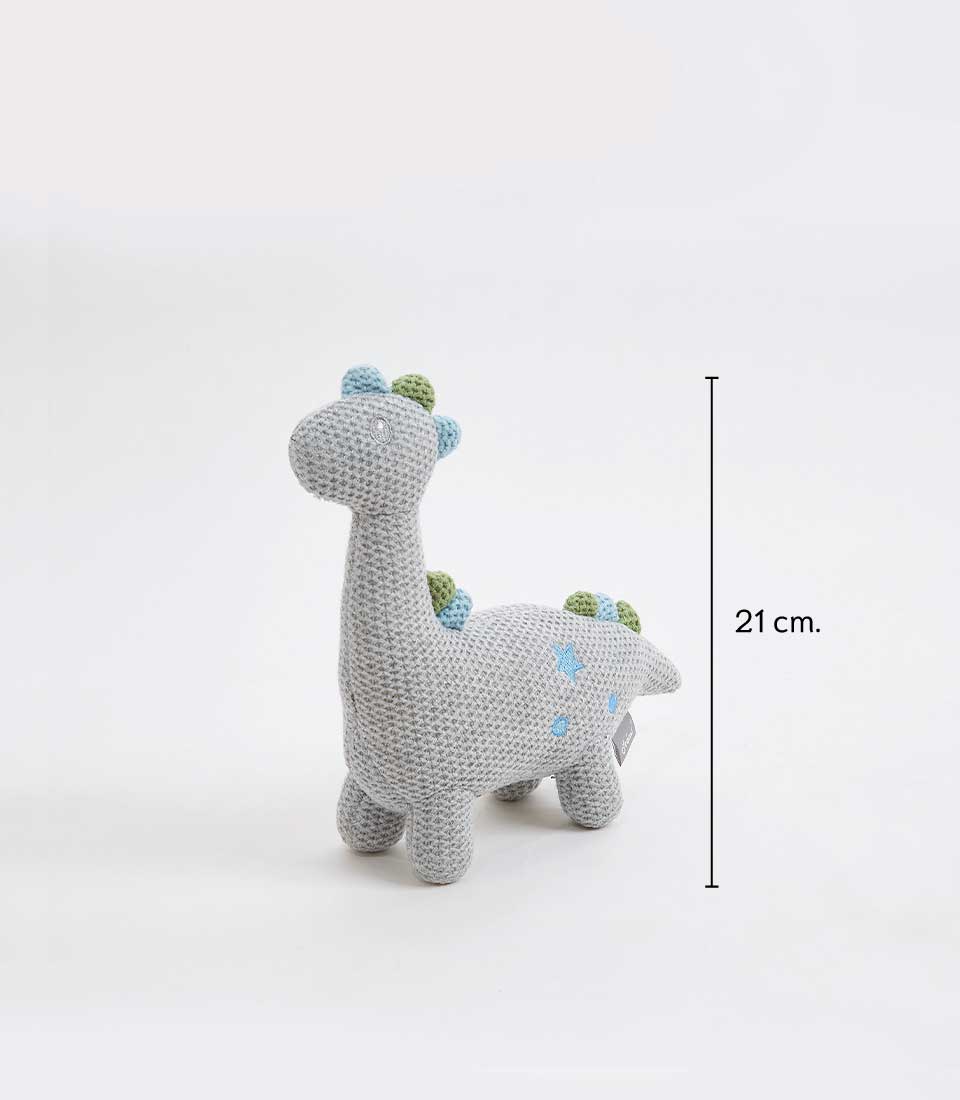 Handcrafted crocheted grey dinosaur soft toy with blue and green accents, 21cm tall