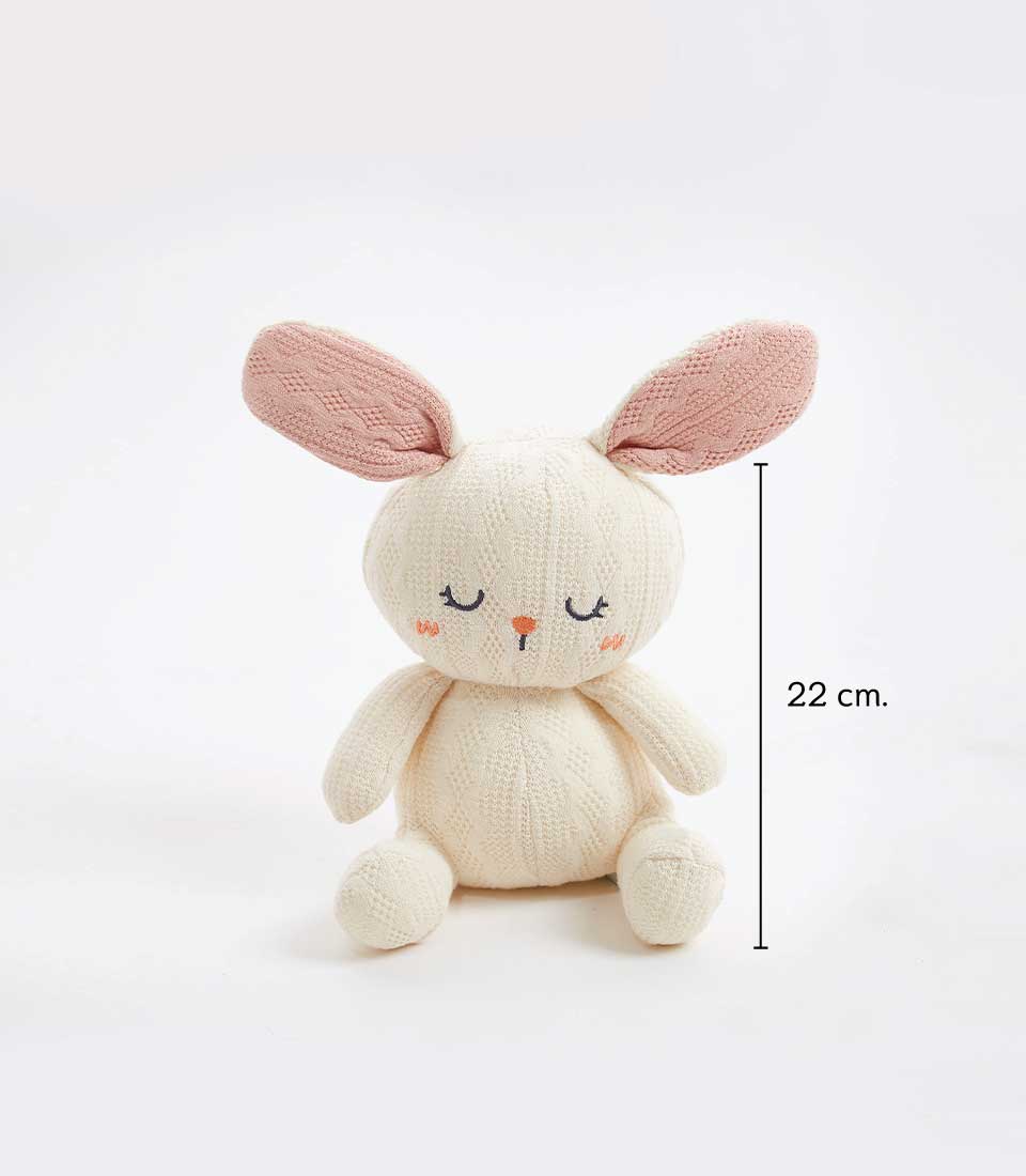 Handcrafted cream crocheted bunny plush toy with pink ears and embroidered face, 22 cm