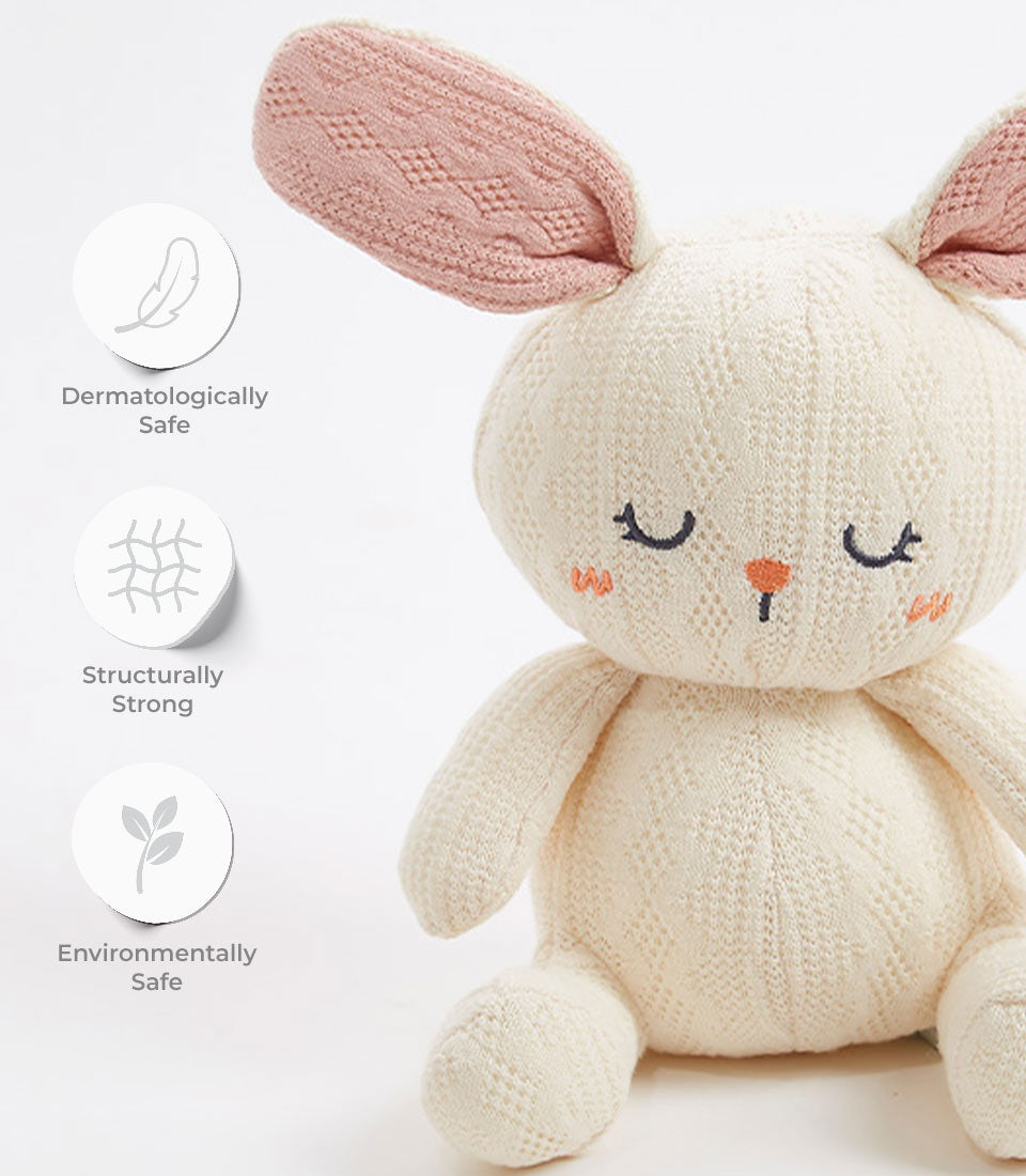Handcrafted cream crocheted bunny soft toy with pink floppy ears, ideal for babies and kids