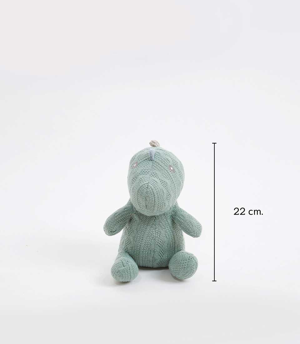 Light teal crocheted dinosaur plush toy with embroidered eyes, 22 cm soft gift for babies and toddlers