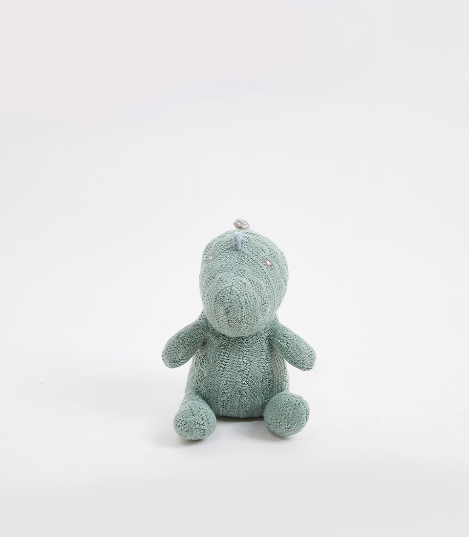 Light green crocheted dinosaur plush toy with textured knit finish and grey ridge detail for babies and kids