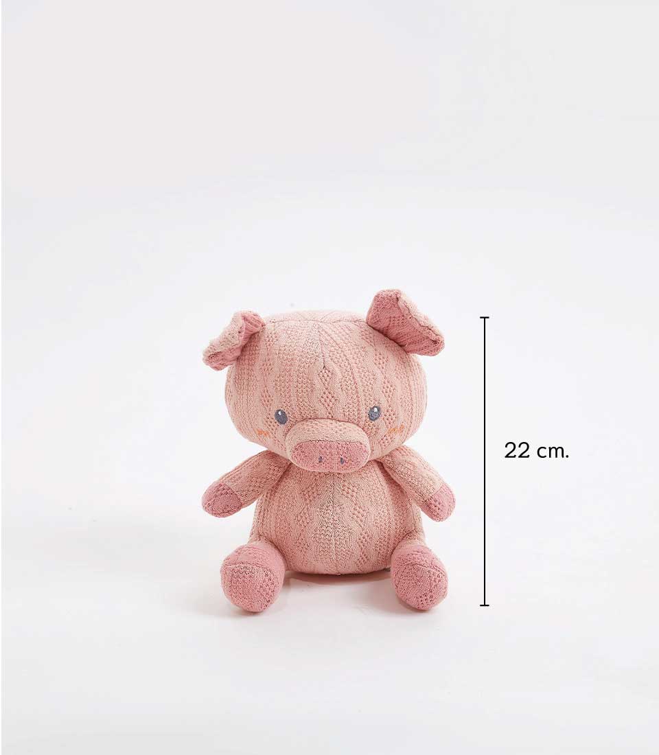 Handcrafted cable knit pink pig plush toy with embroidered eyes, 22cm soft companion for babies and children