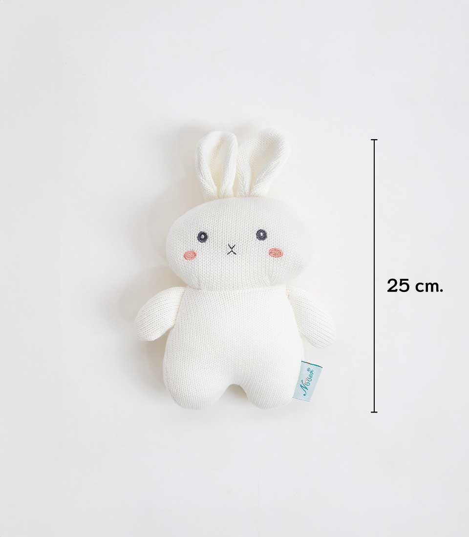 Soft white knitted bunny plush toy with pink cheeks, 25cm tall, perfect for babies and children