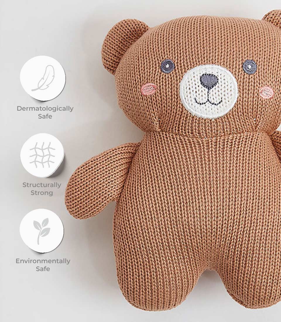 Warm brown knitted teddy bear with embroidered face, dermatologically safe soft toy for babies and kids