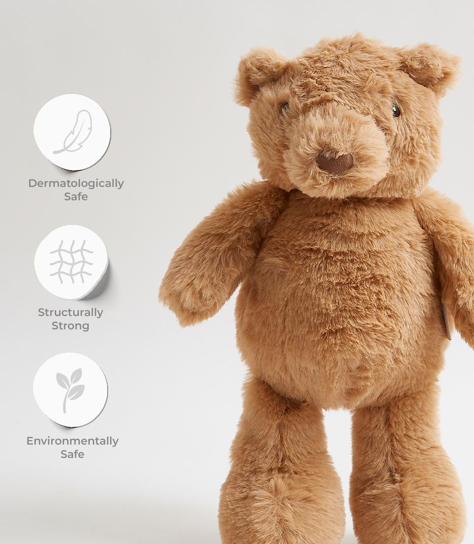Light brown plush teddy bear with dermatologically safe, structurally strong, and environmentally safe features for gifting