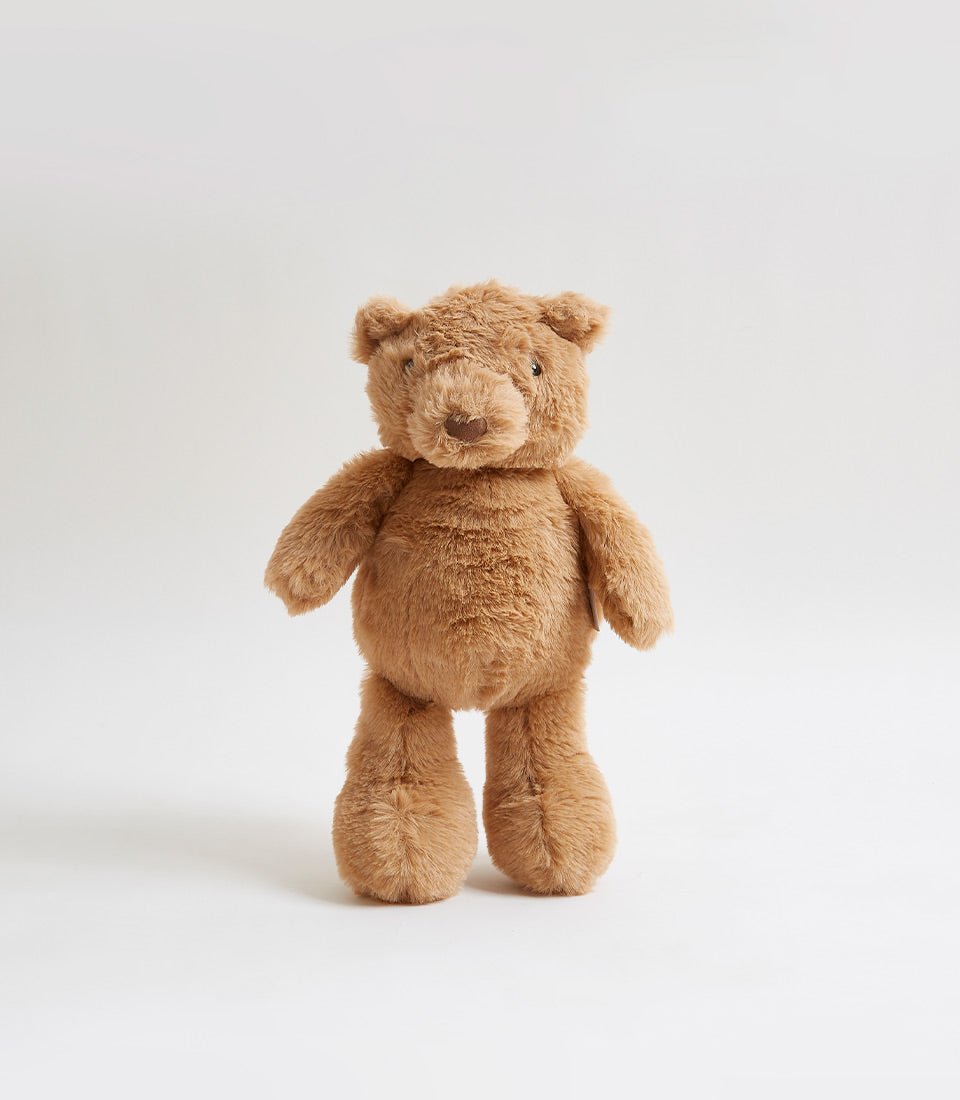 Soft brown plush teddy bear with shaggy fur and dark nose, perfect for babies and kids