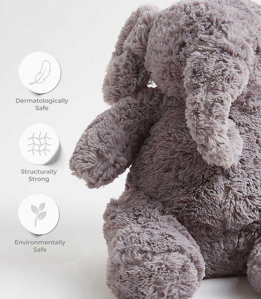 Soft grey plush elephant toy with floppy ears, dermatologically safe and eco-friendly for babies and kids