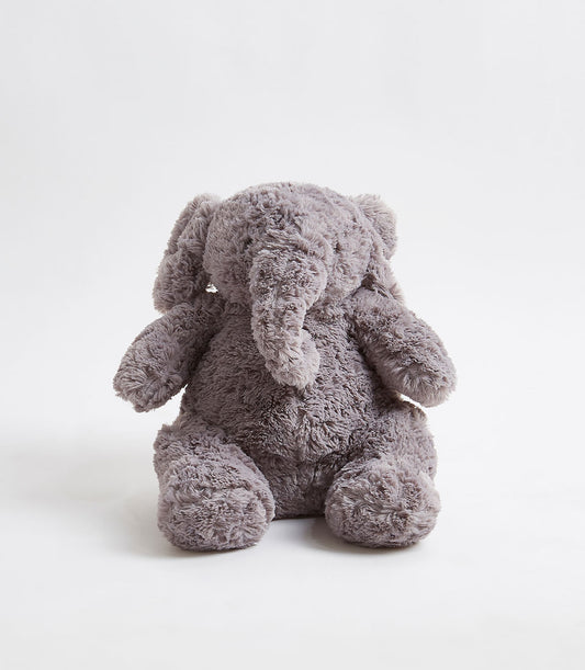 Soft grey plush elephant toy with floppy ears and curled trunk for babies and kids