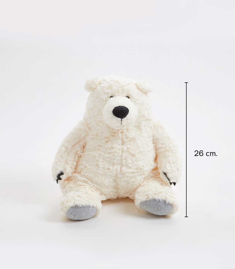 Soft white polar bear plush toy with grey paw pads, 26 cm height, gift for kids and babies