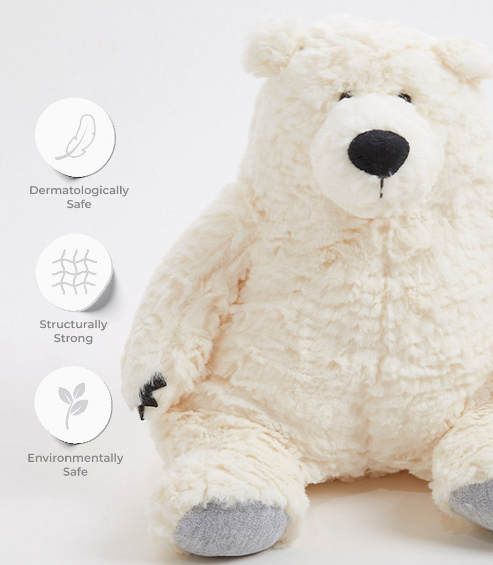 Cream plush polar bear and brown bear soft toy duo with dermatologically safe, structurally strong design for babies and kids