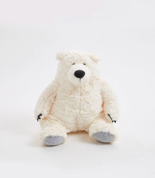 Cream plush polar bear soft toy with grey paw accents and black stitched details, 26cm cuddly companion