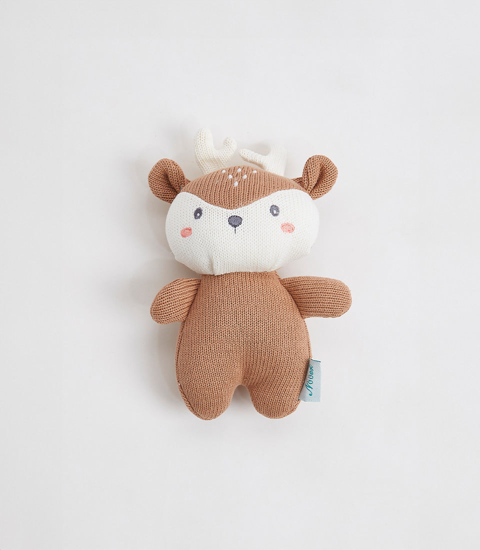 Knitted light brown deer plush toy with white face, antlers, and embroidered features for babies and kids