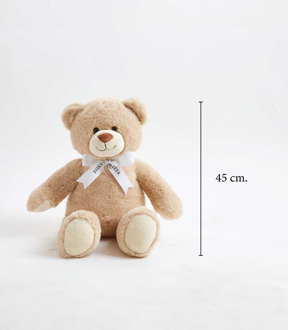 Soft brown plush teddy bear with white ribbon bow, 45cm height, perfect cuddly gift for babies and kids