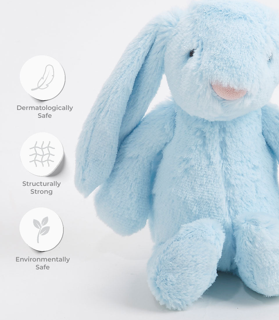 Soft blue plush bunny toy with floppy ears, dermatologically safe for babies and kids