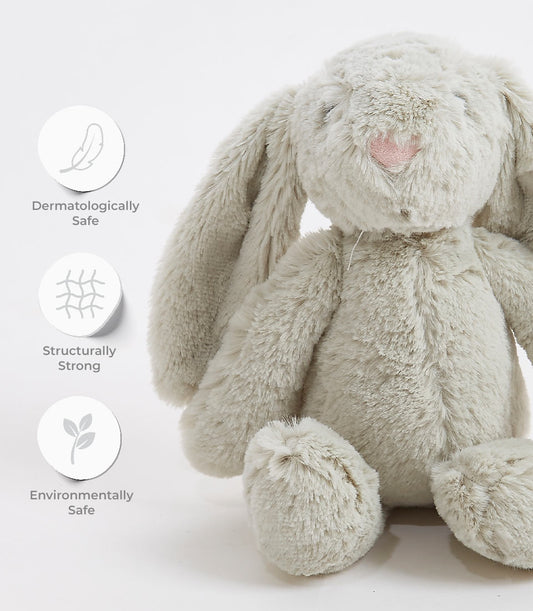 Soft gray plush bunny toy with floppy ears for babies and kids, dermatologically safe and eco-friendly
