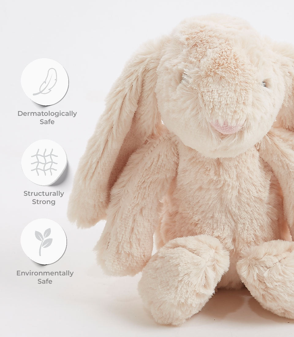 Beige plush bunny soft toy with floppy ears, dermatologically safe and environmentally friendly gift for babies and kids