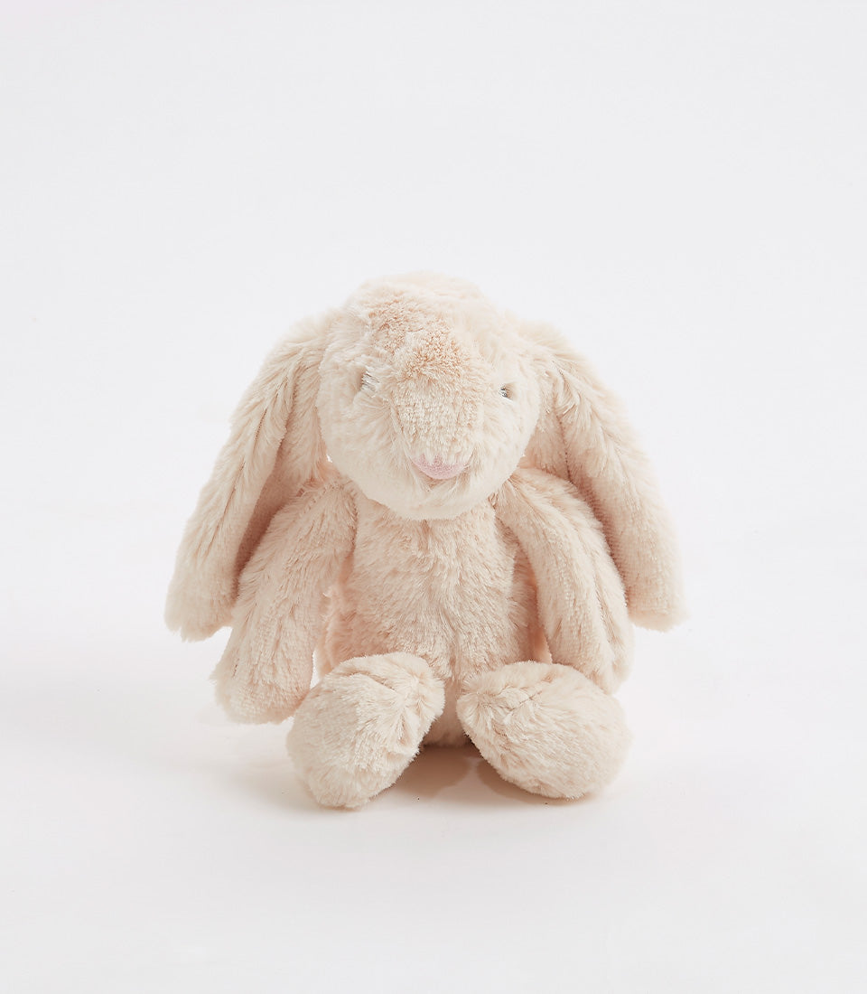 Soft beige plush bunny with floppy ears and embroidered features for babies and kids