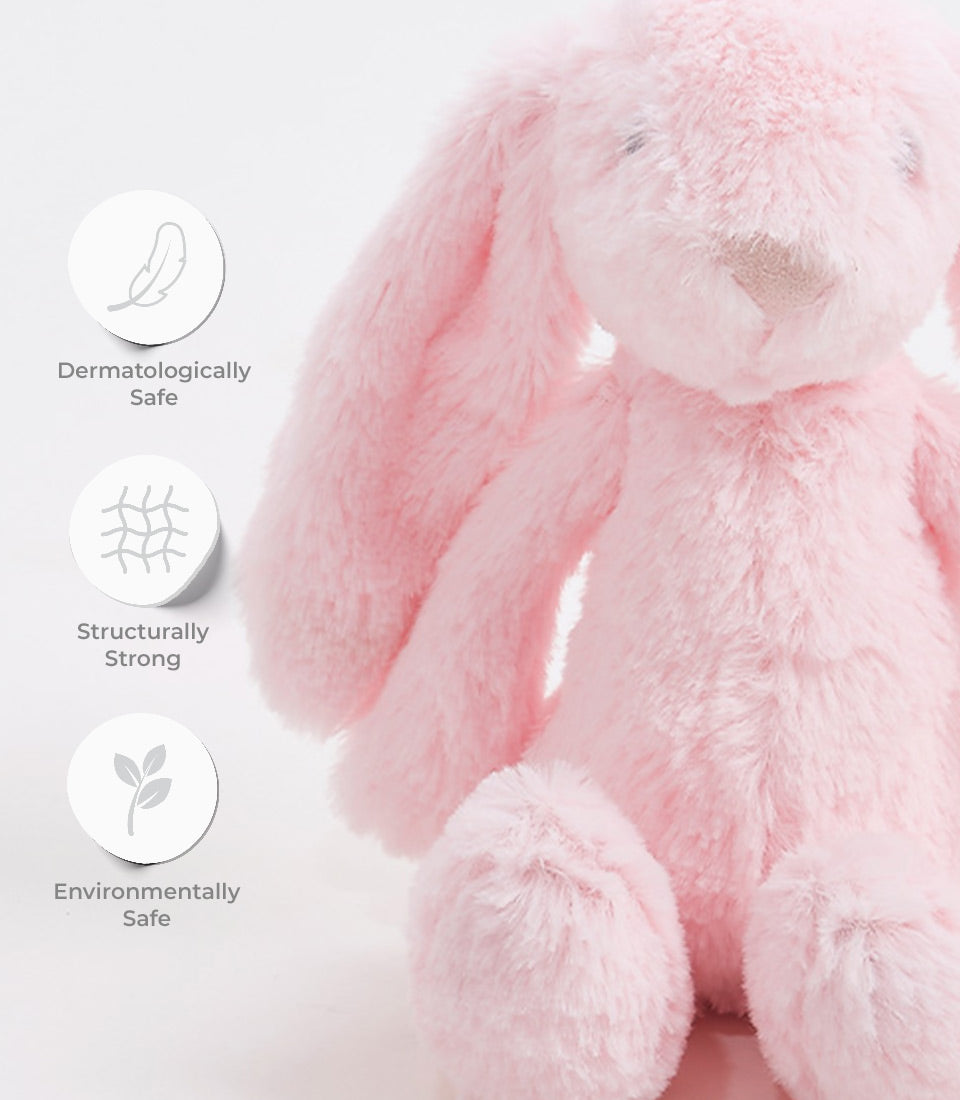 Soft pink plush bunny with floppy ears, dermatologically safe and environmentally friendly stuffed toy for babies and