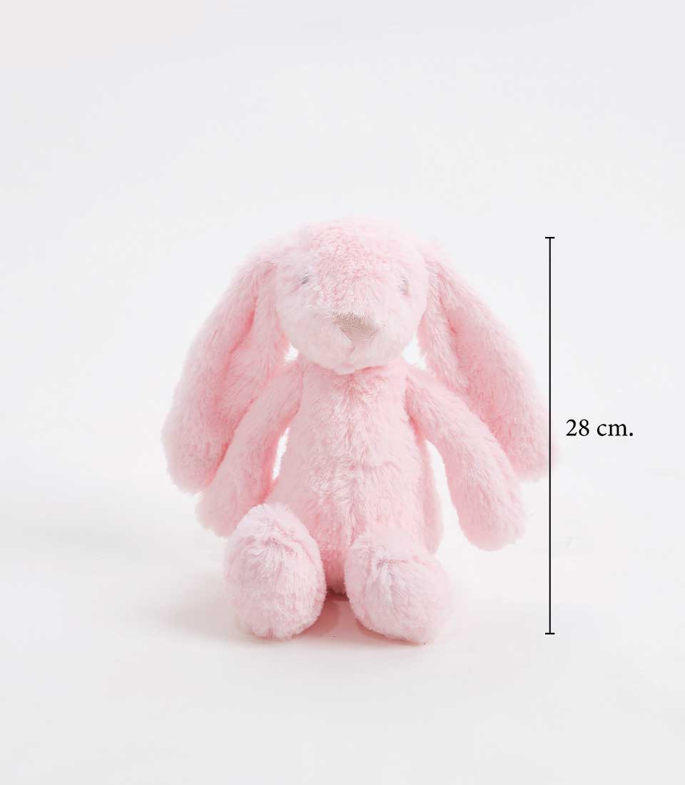 Soft pink plush bunny toy with floppy ears, 28cm height, perfect baby girl gift