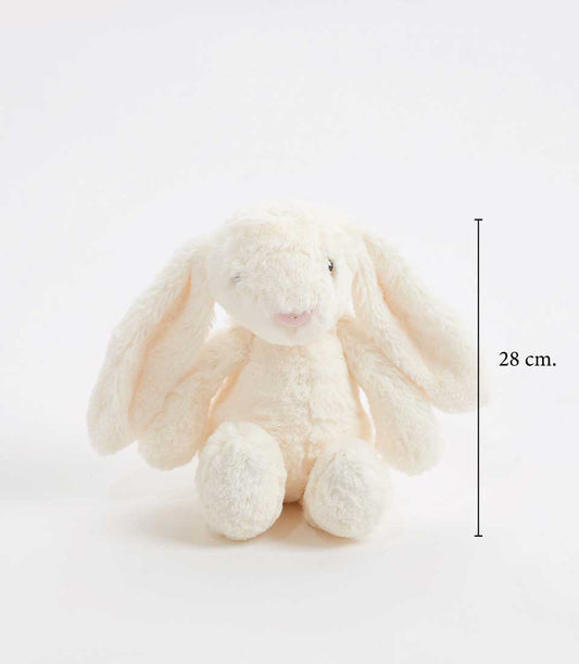 Cream plush bunny toy with floppy ears for newborn welcome gift basket, 28 cm