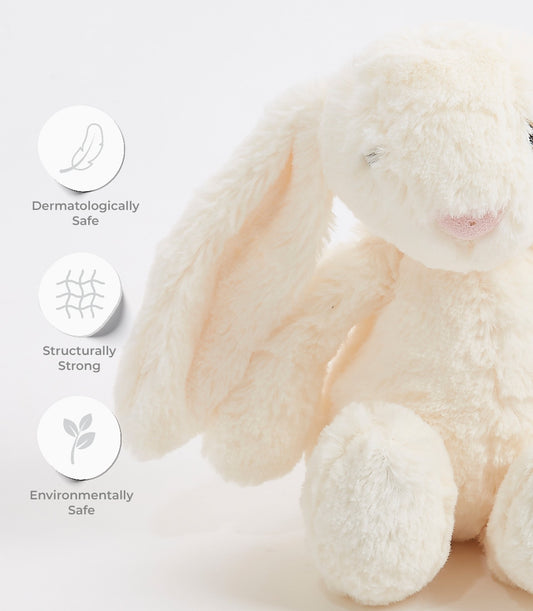 Soft cream plush bunny with floppy ears and embroidered details, dermatologically safe cuddly toy