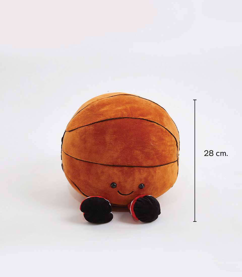 Soft plush basketball toy with embroidered smile and black stitched details, 28cm height for kids