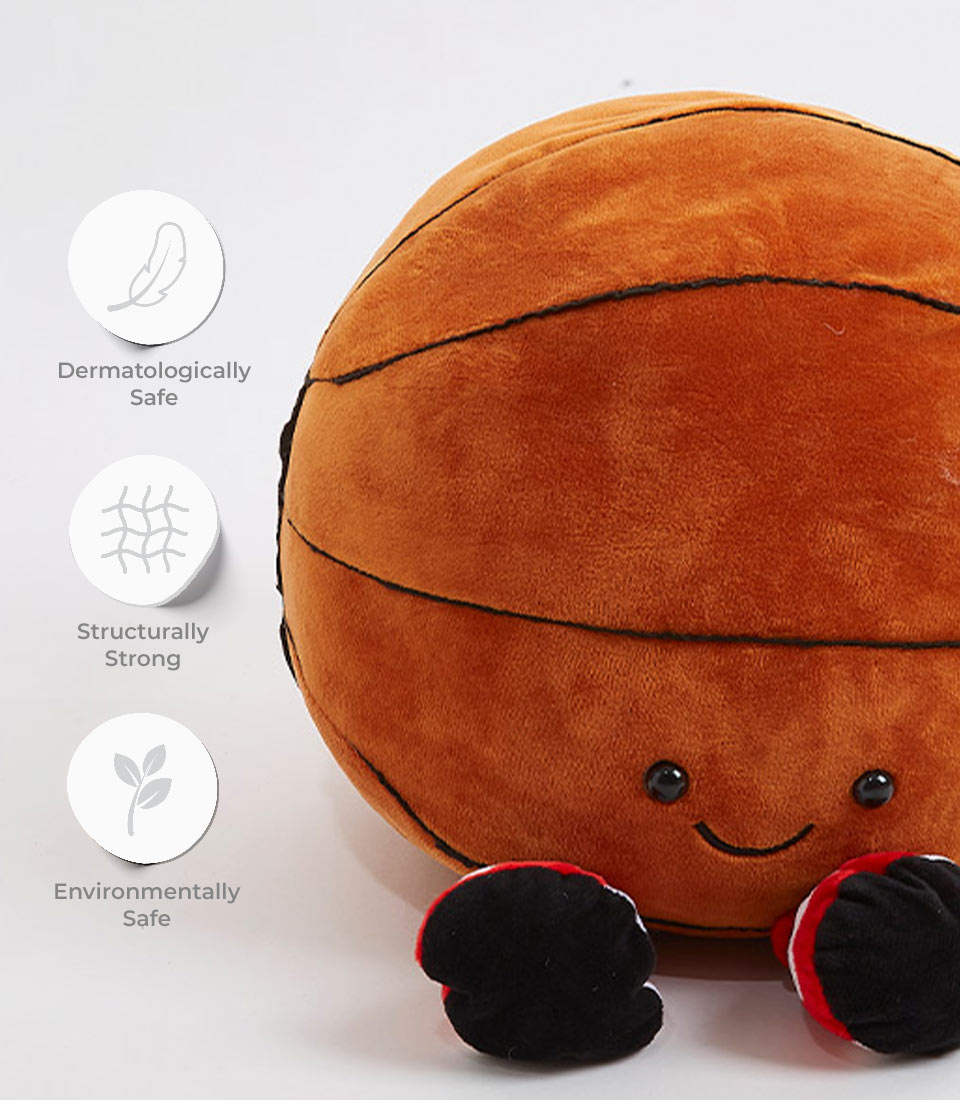 Brown plush basketball toy with embroidered face and soft feet, dermatologically safe kids gift